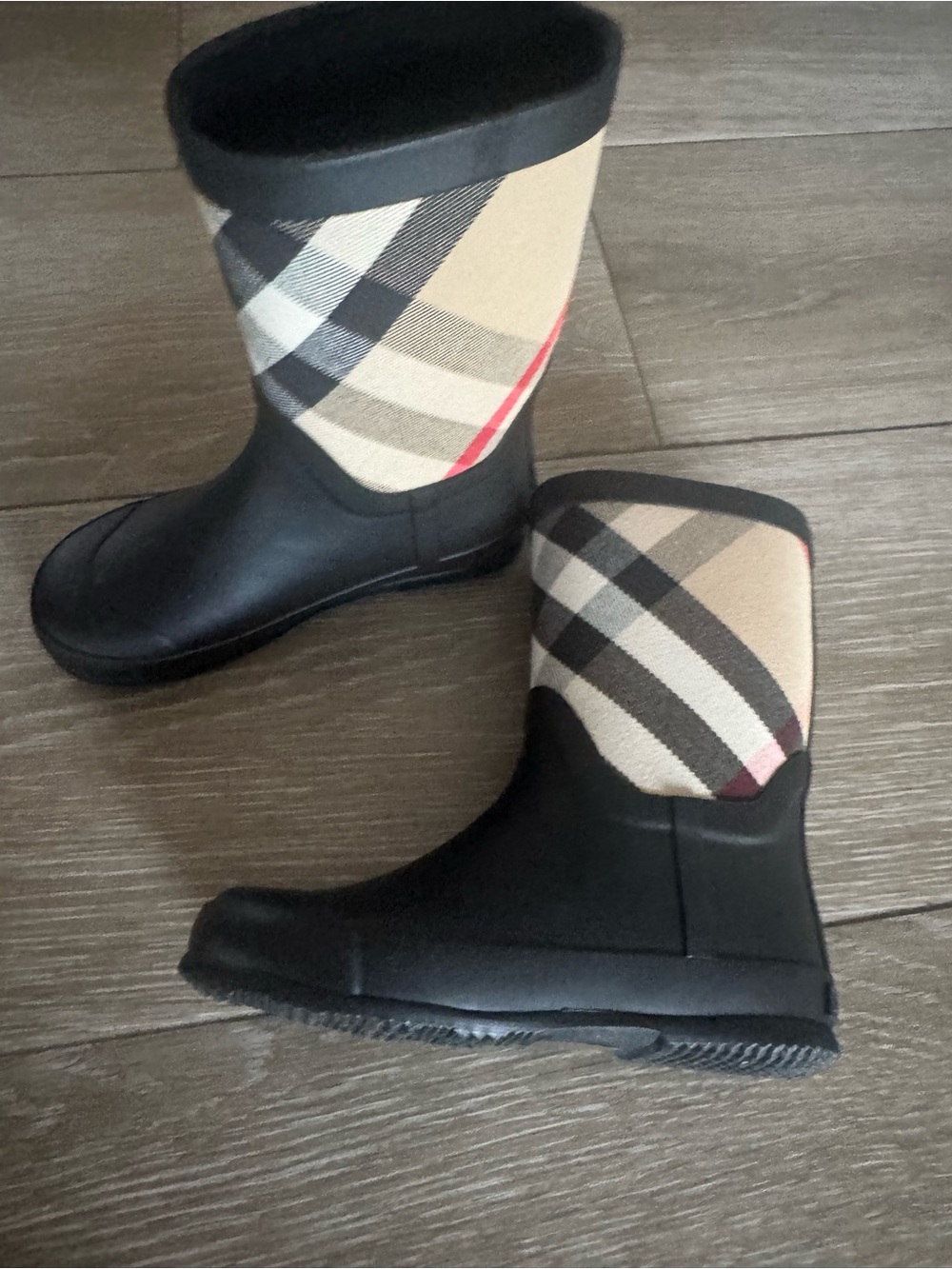 Burberry Kids Black Rain Boots with Beige Plaid Panel